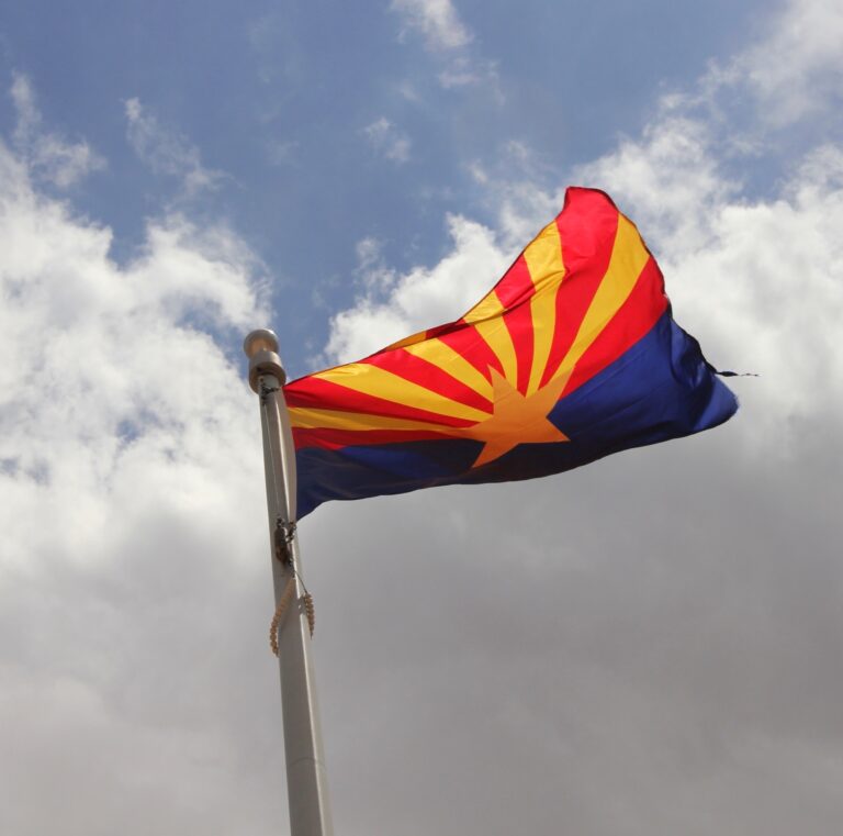 Arizona State Flag. It consists of 13 rays of red & weld-yellow on the top half.